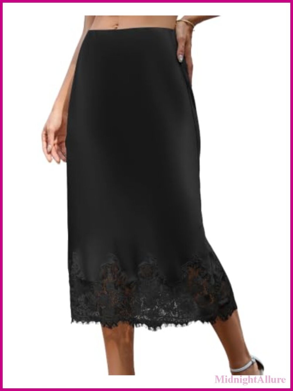 Satin Midi A-Line Skirt High Waist with Lace Trim